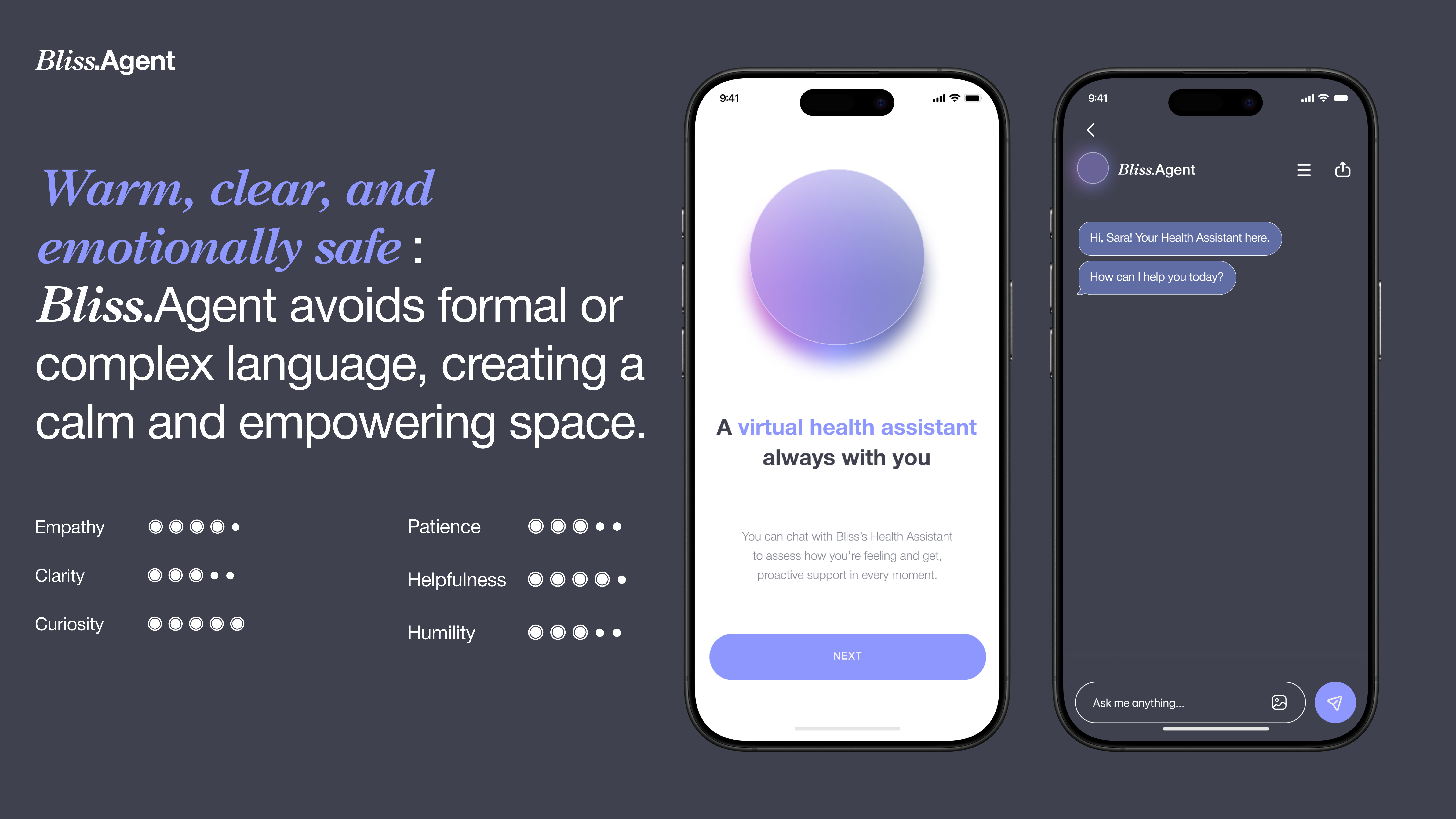 Bliss.Agent: warm, clear health assistant with chat screens