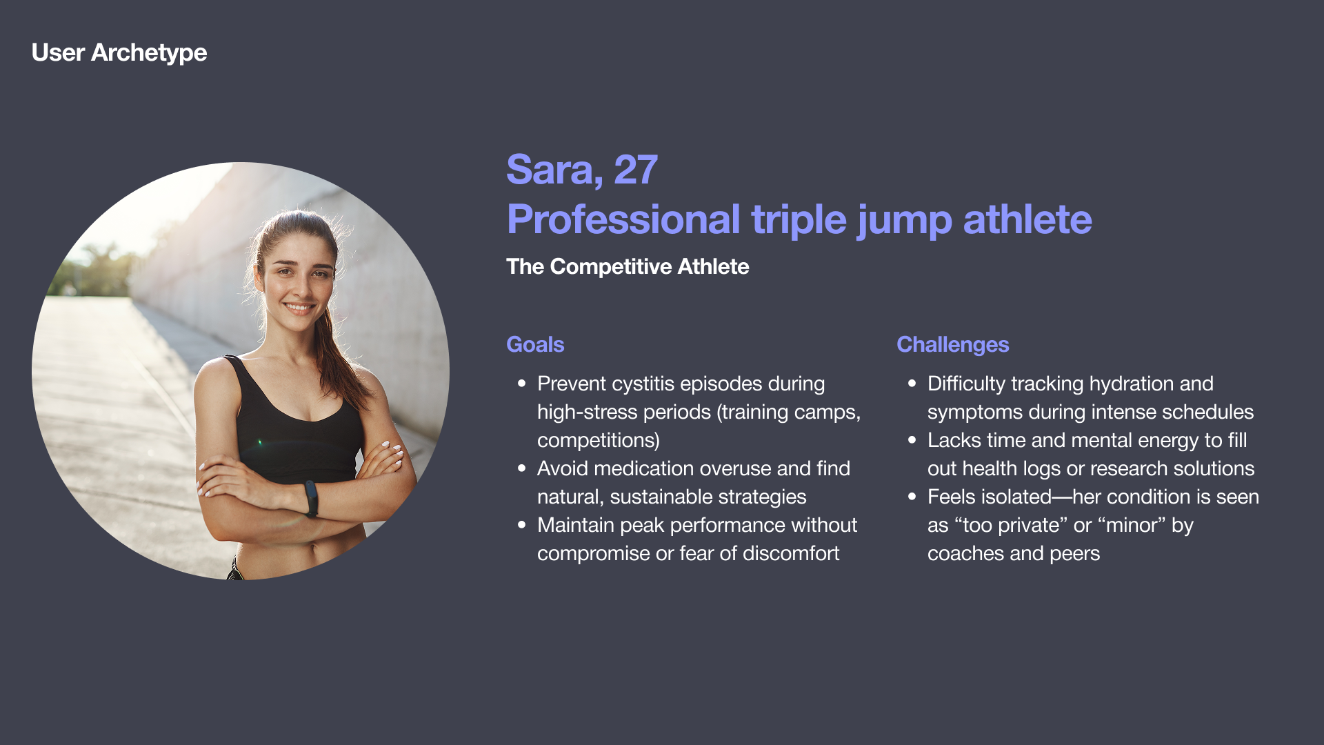 User archetype Sara, 27, professional triple jump athlete
