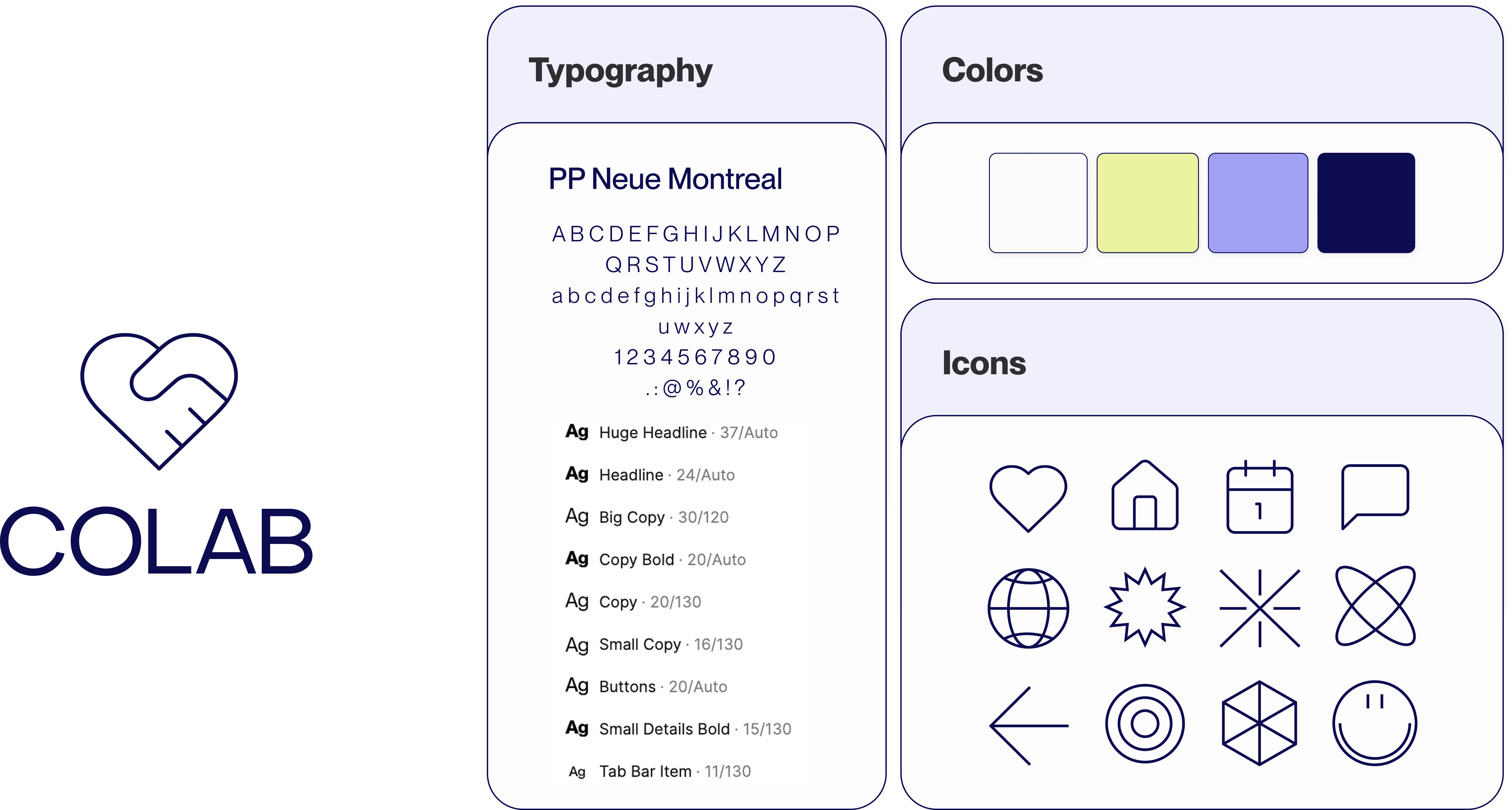 COLAB visual identity: logo, PP Neue Montreal type, colours and icons