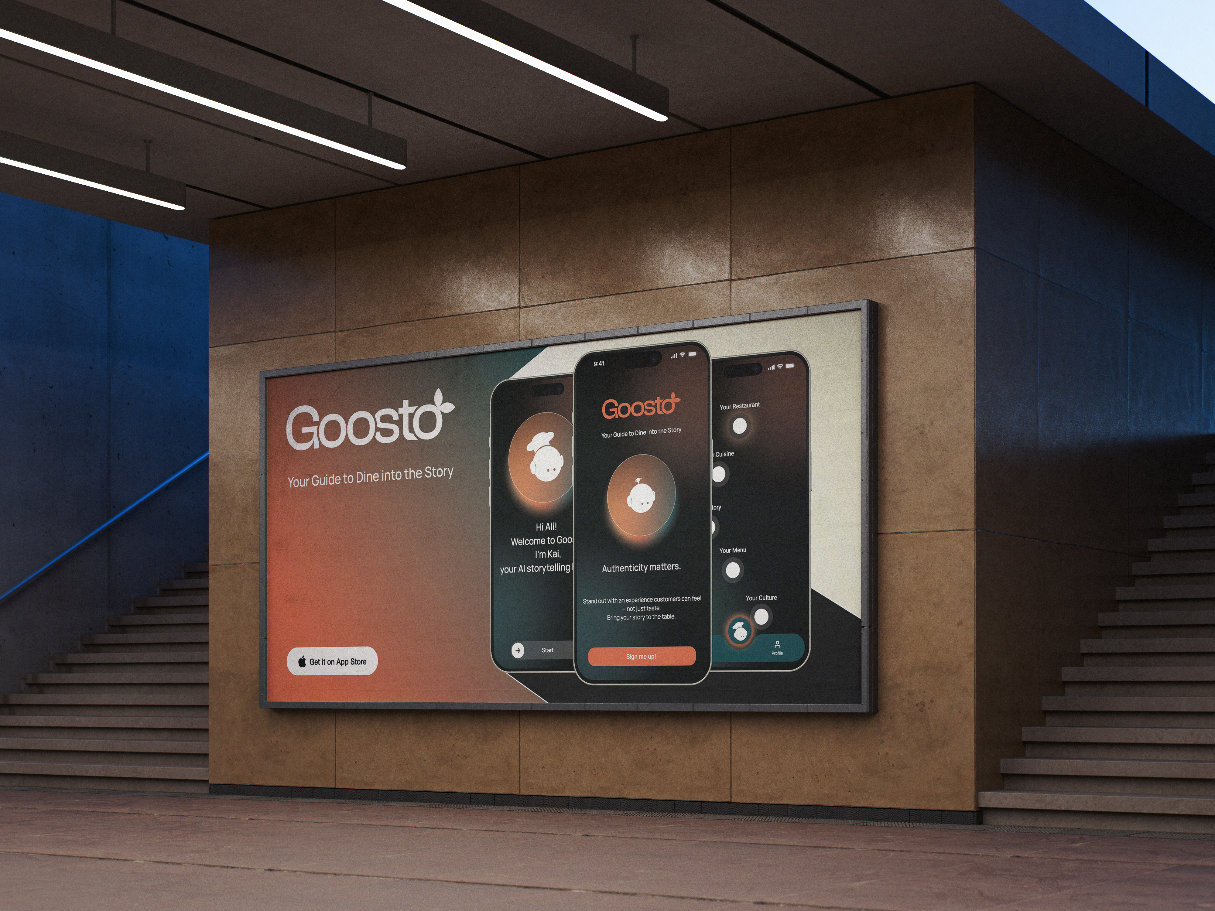 Goosto campaign on a station billboard with three app screens