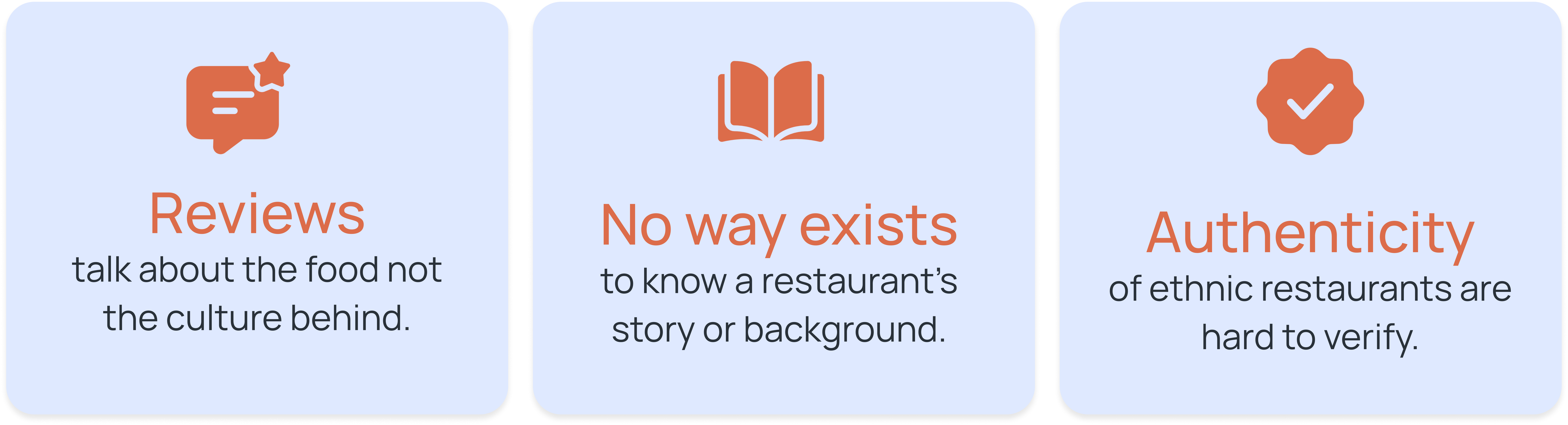 Reviews talk about food, no way to know a restaurant story, authenticity is hard to verify