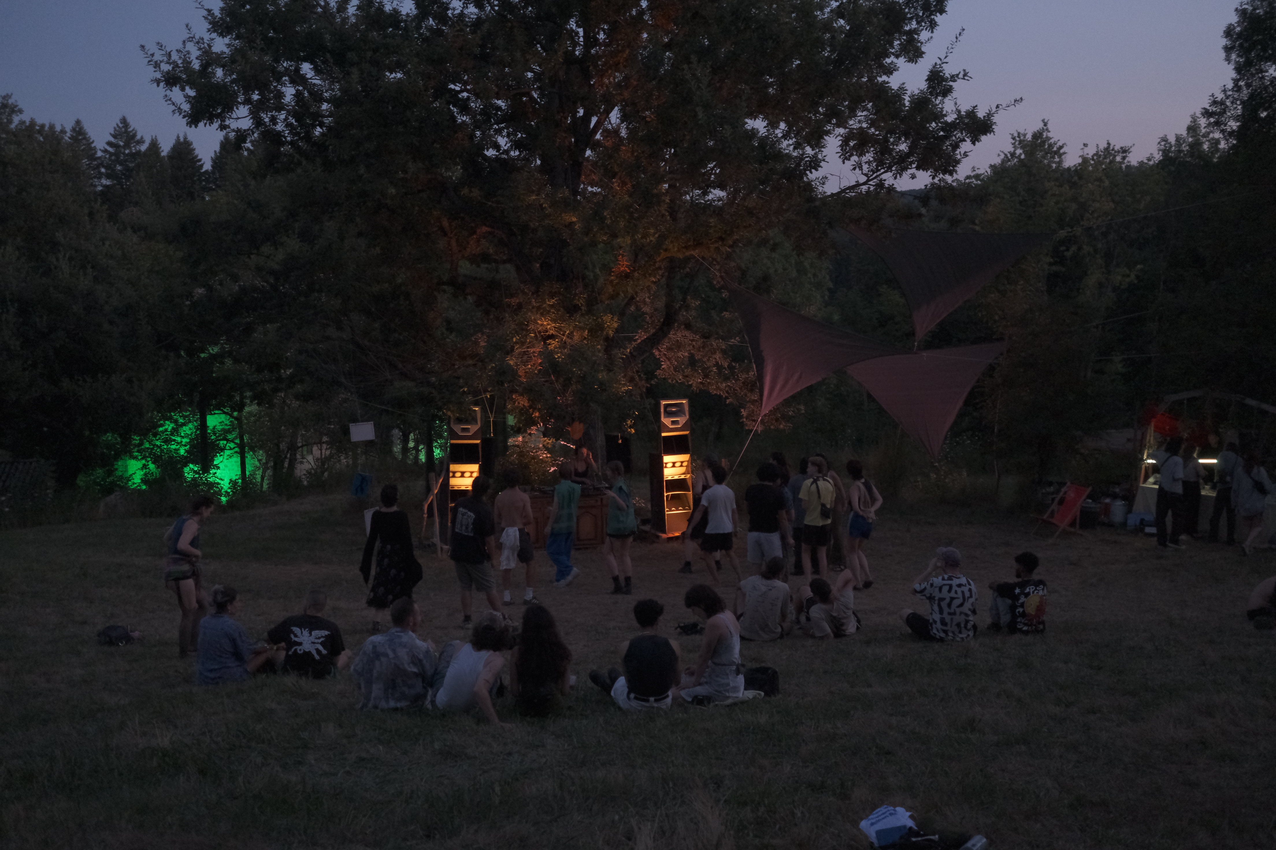 Night gathering around a lit tree and speaker stacks