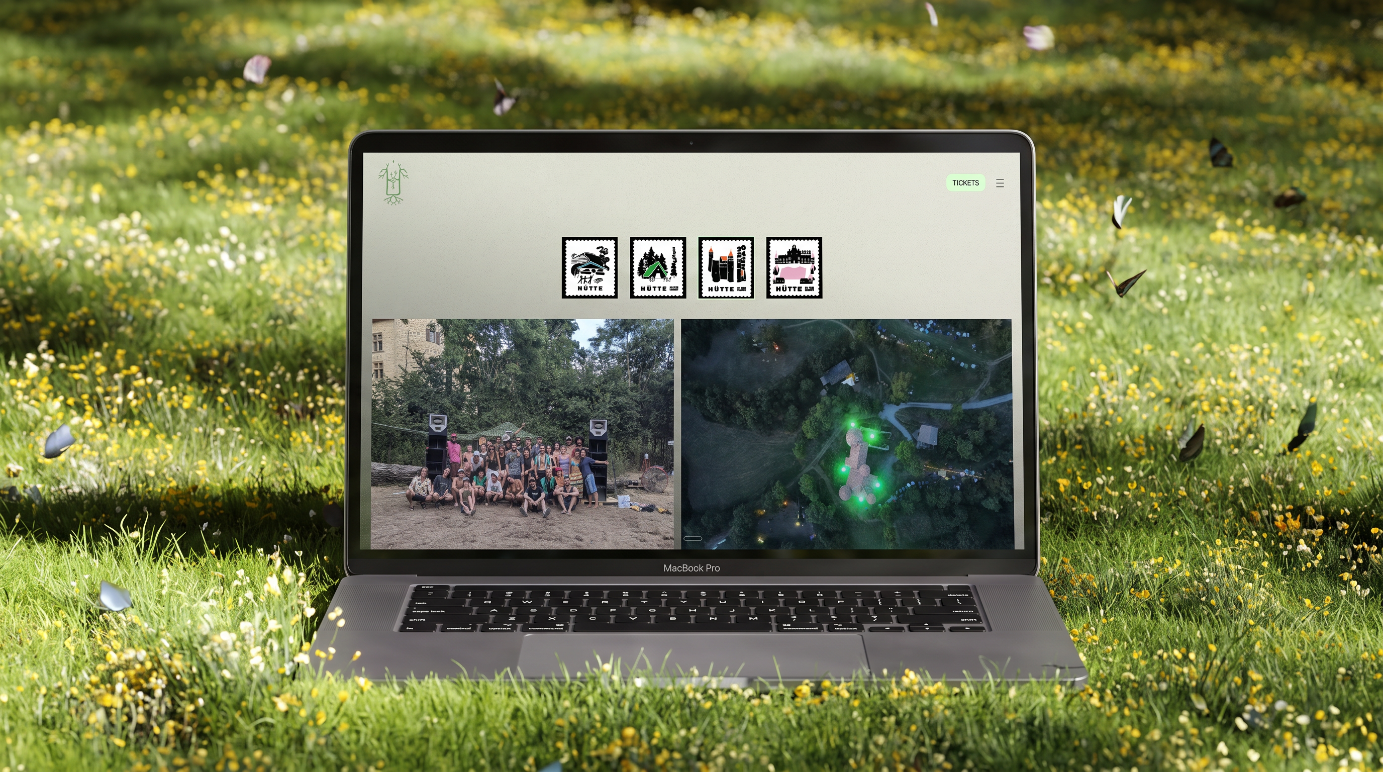 Hütte website on a laptop in a meadow, with edition stamps and photo grid
