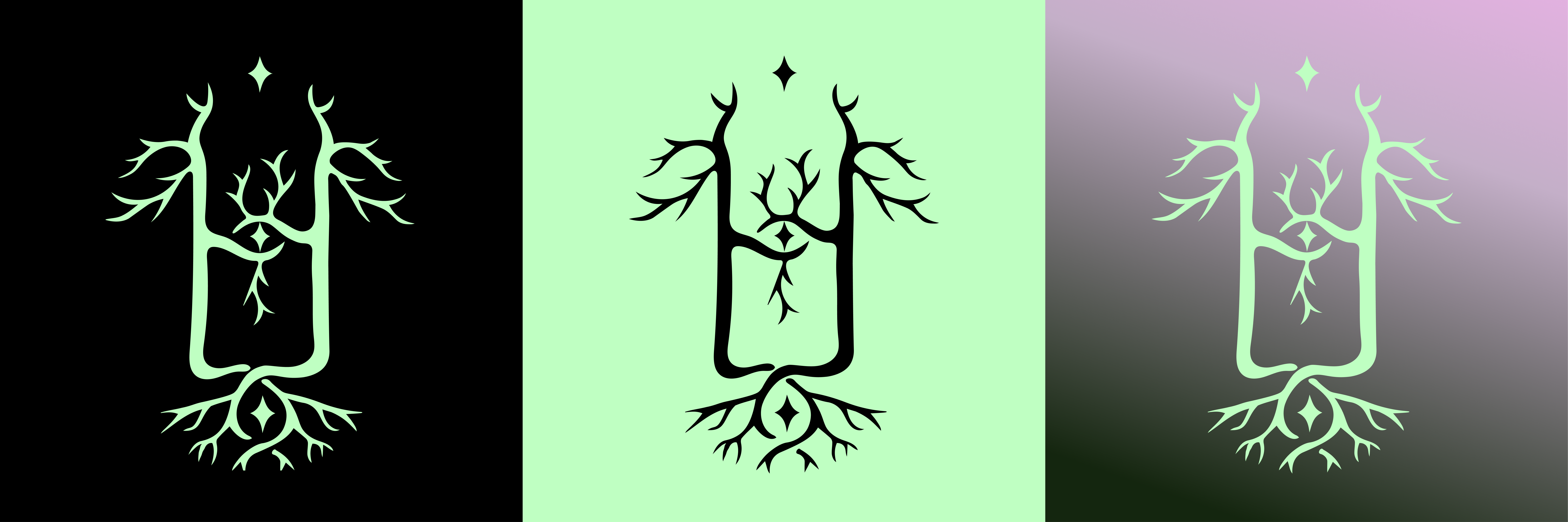 Hütte emblem on black, mint, and gradient grounds