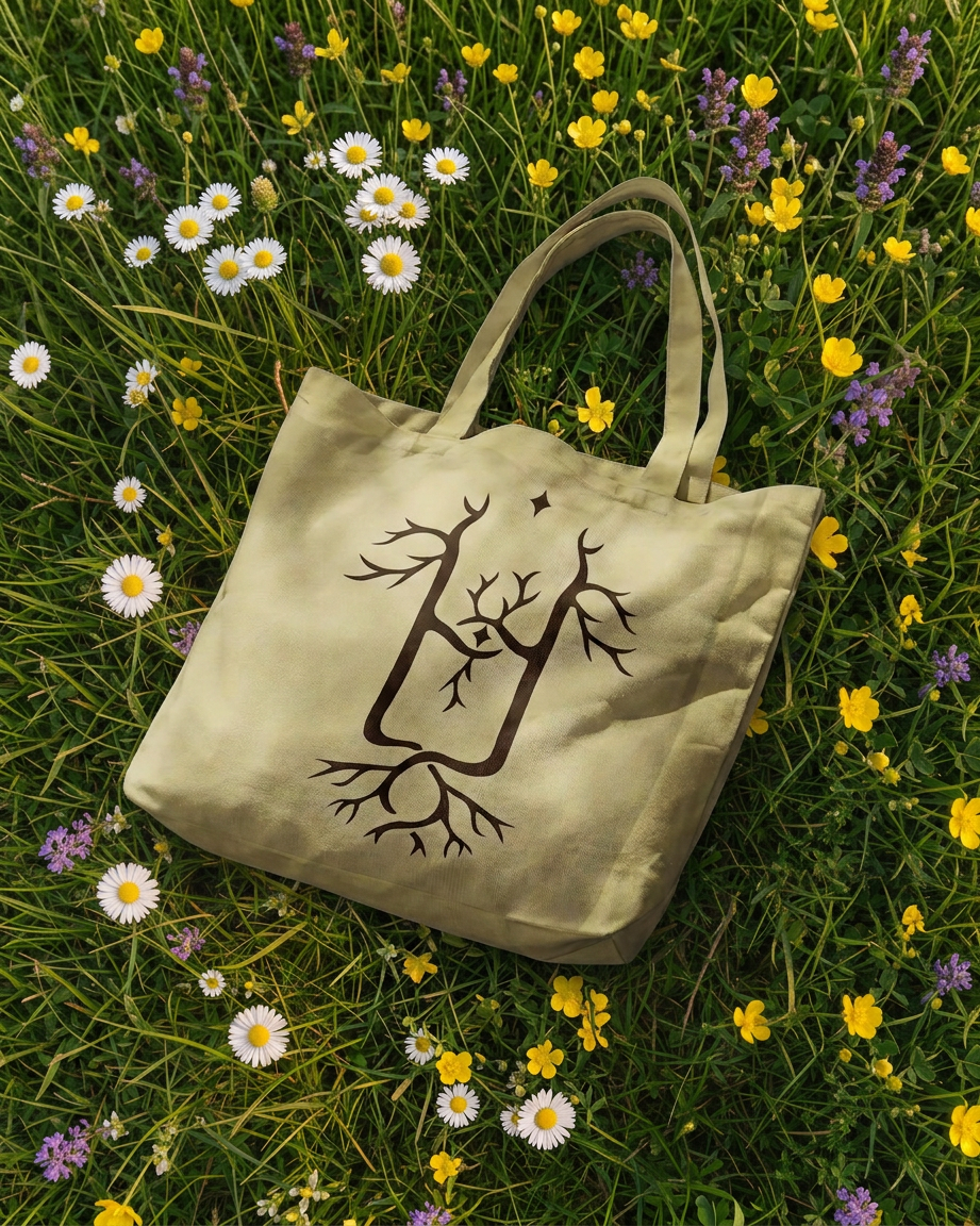 Canvas tote with the Hütte emblem on grass and wildflowers