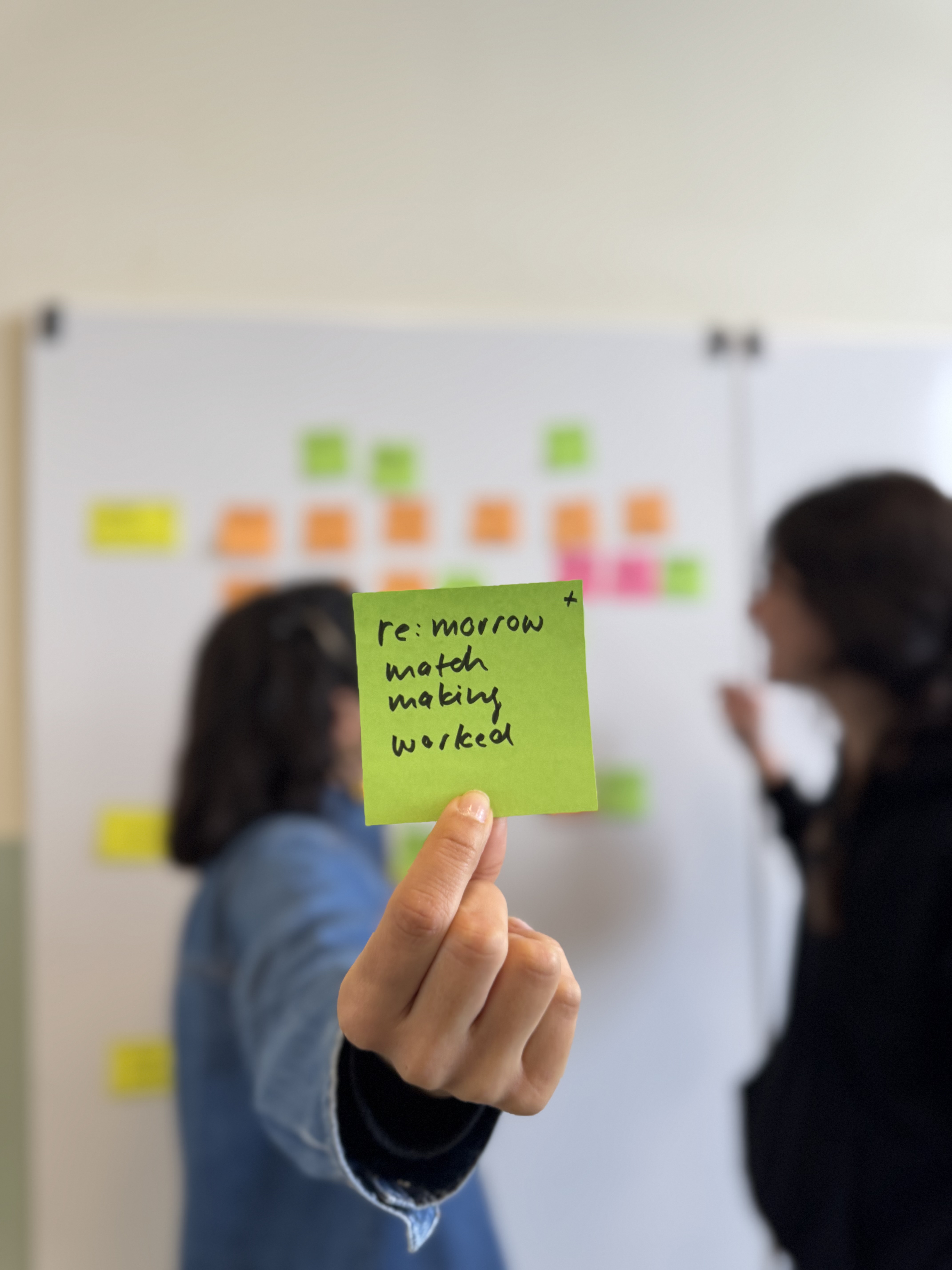 Workshop: a green sticky note held in front of a wall of notes