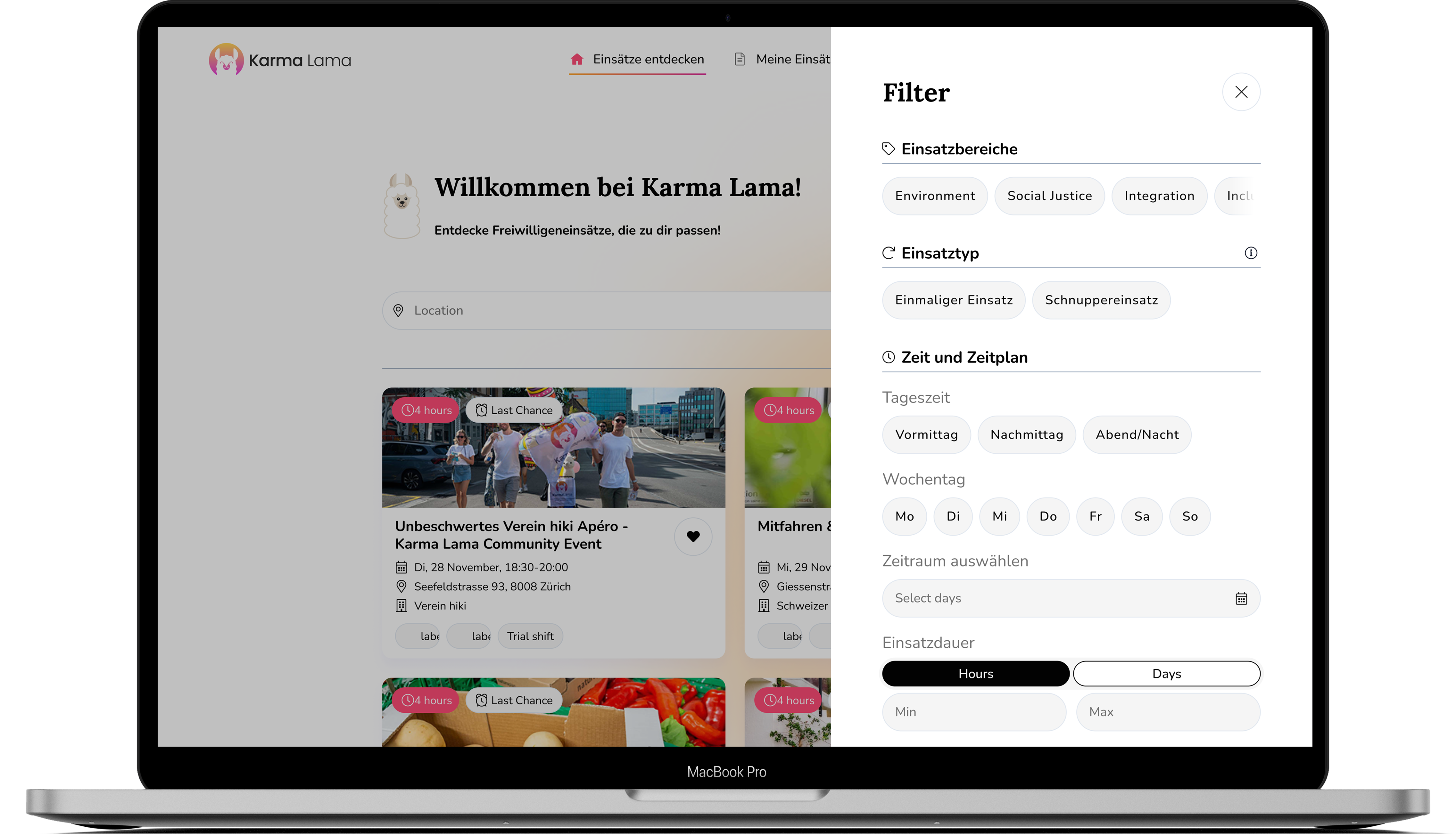 Desktop volunteer dashboard with the filter sidebar open