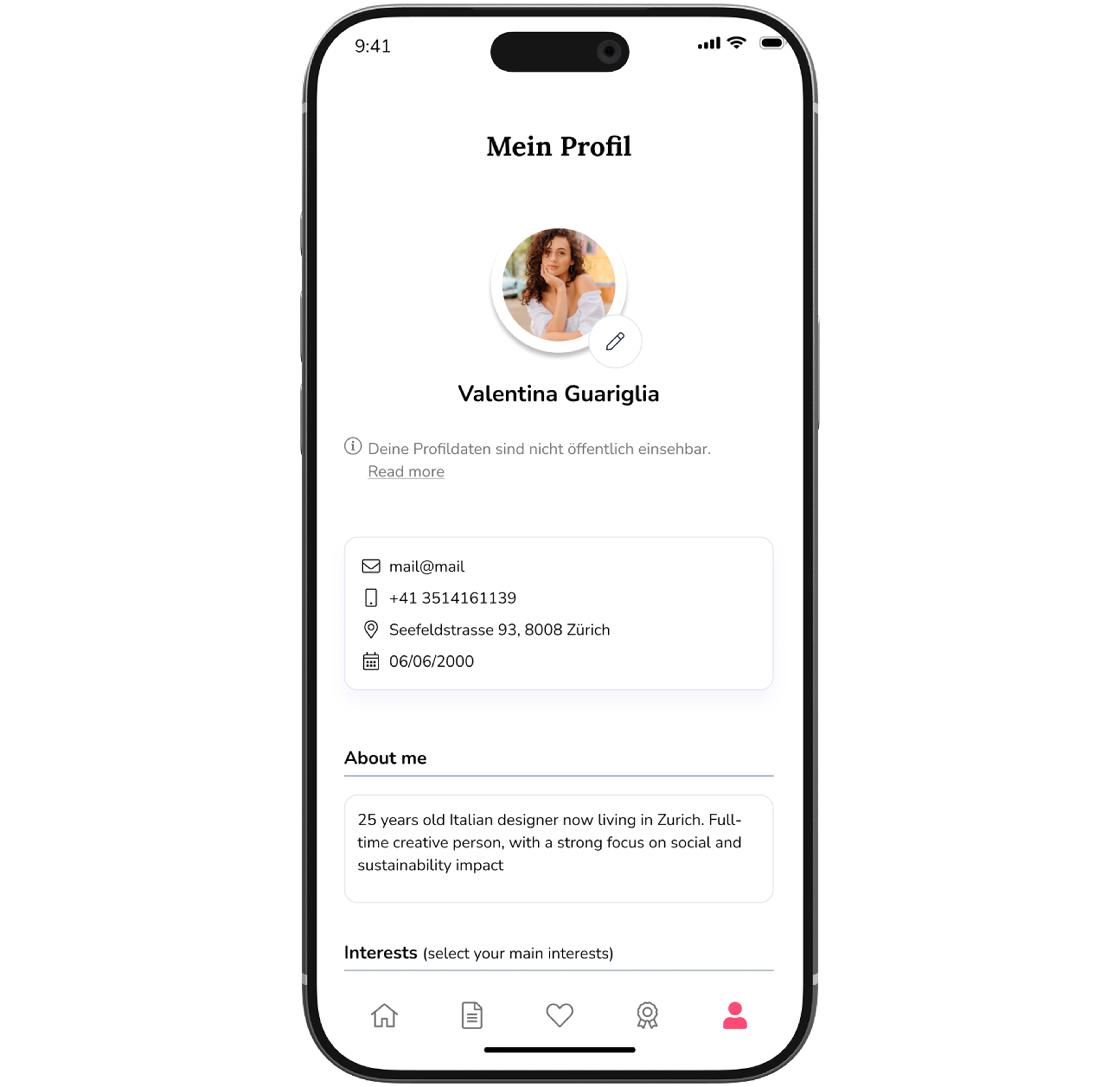 Volunteer profile screen