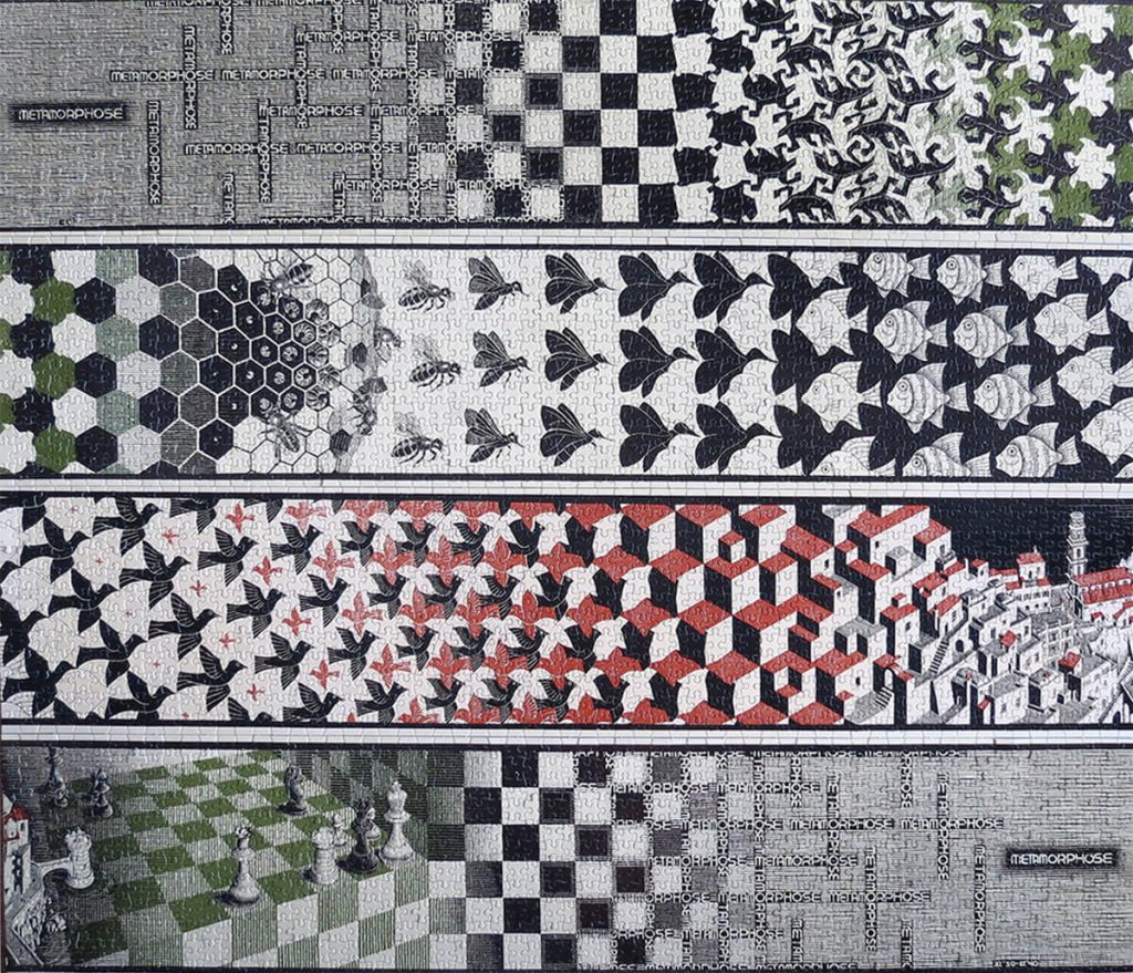 Metamorphosis II by M.C. Escher, four horizontal transformation strips