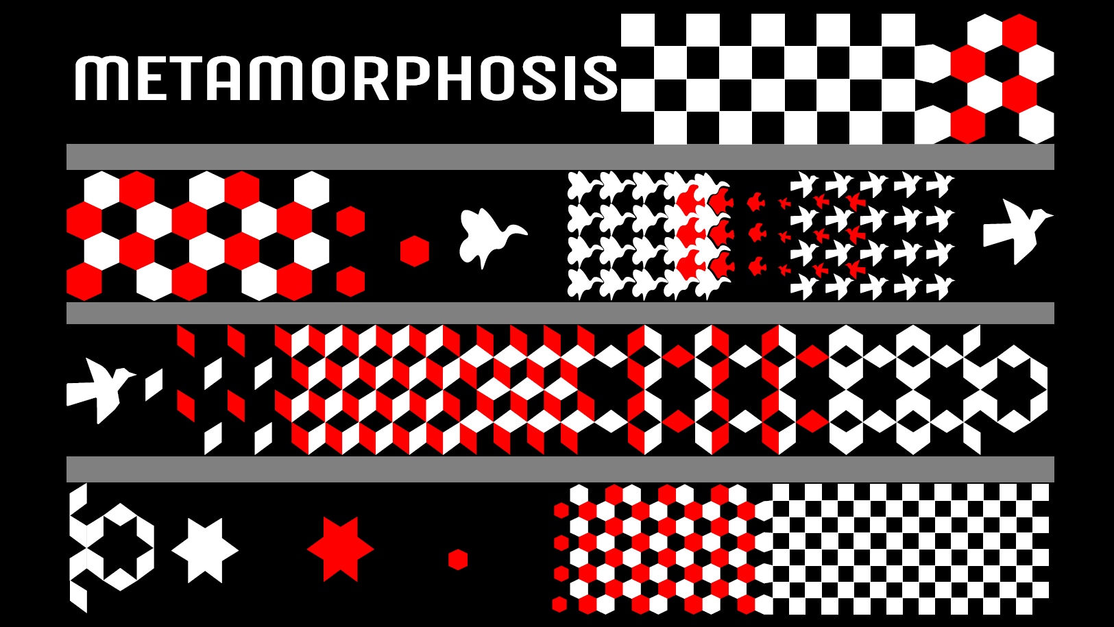 METAMORPHOSIS canvas: checkerboard, hexagons, birds and cubes transforming across four rows