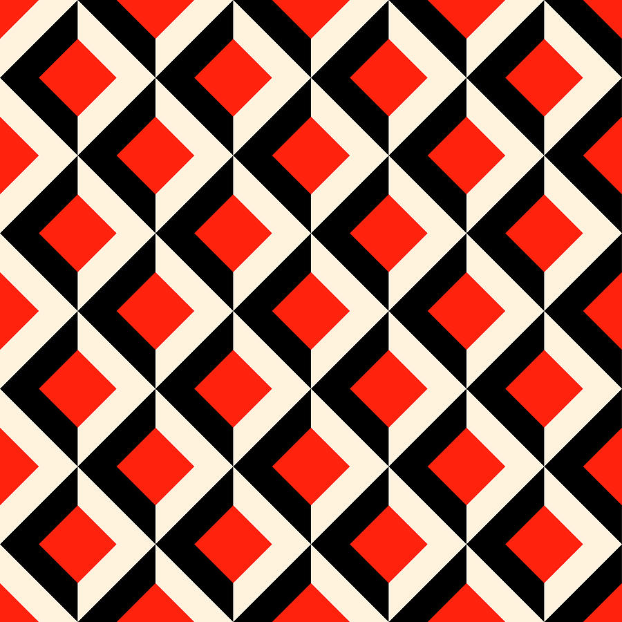 Mid-century geometric cube pattern in red, black and cream