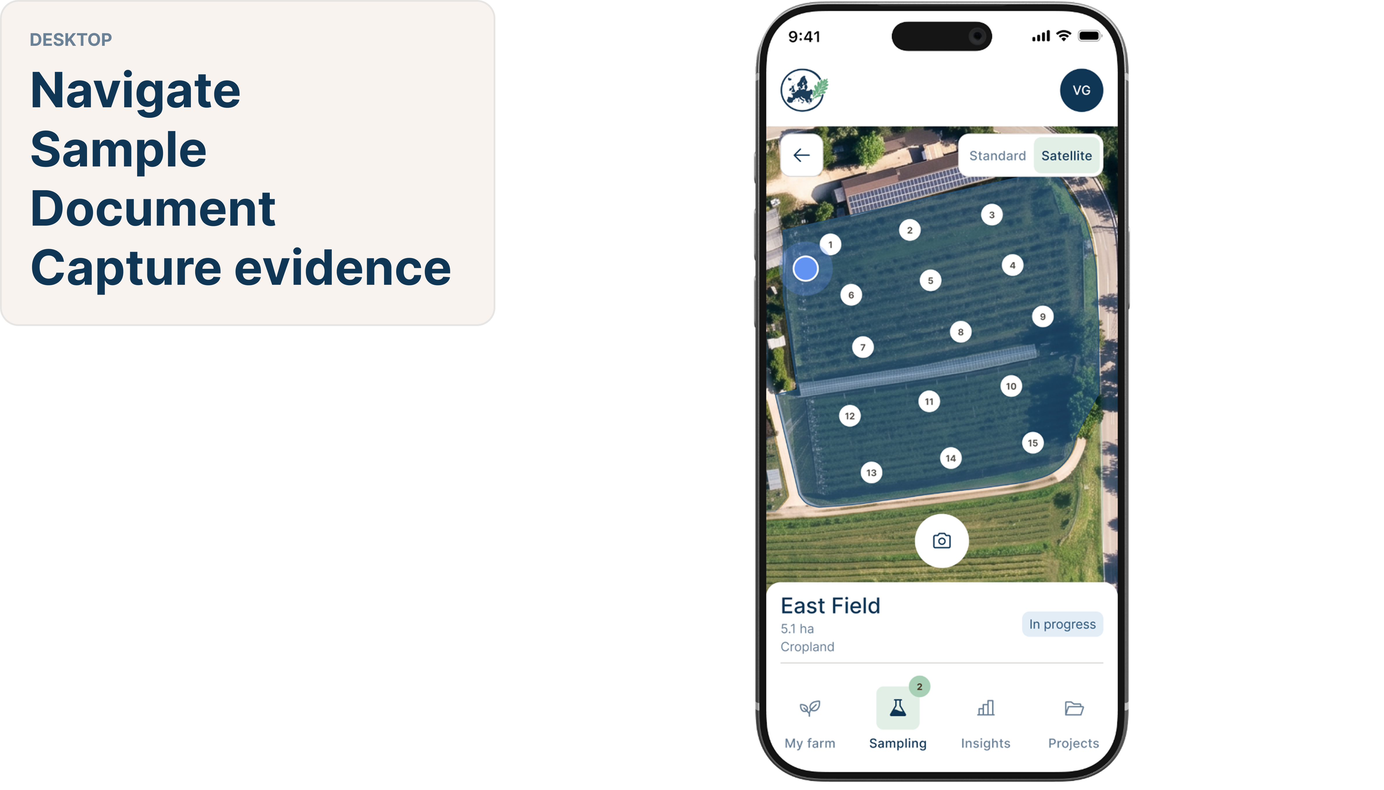 Mobile: Navigate, Sample, Document, Capture evidence — field sampling map