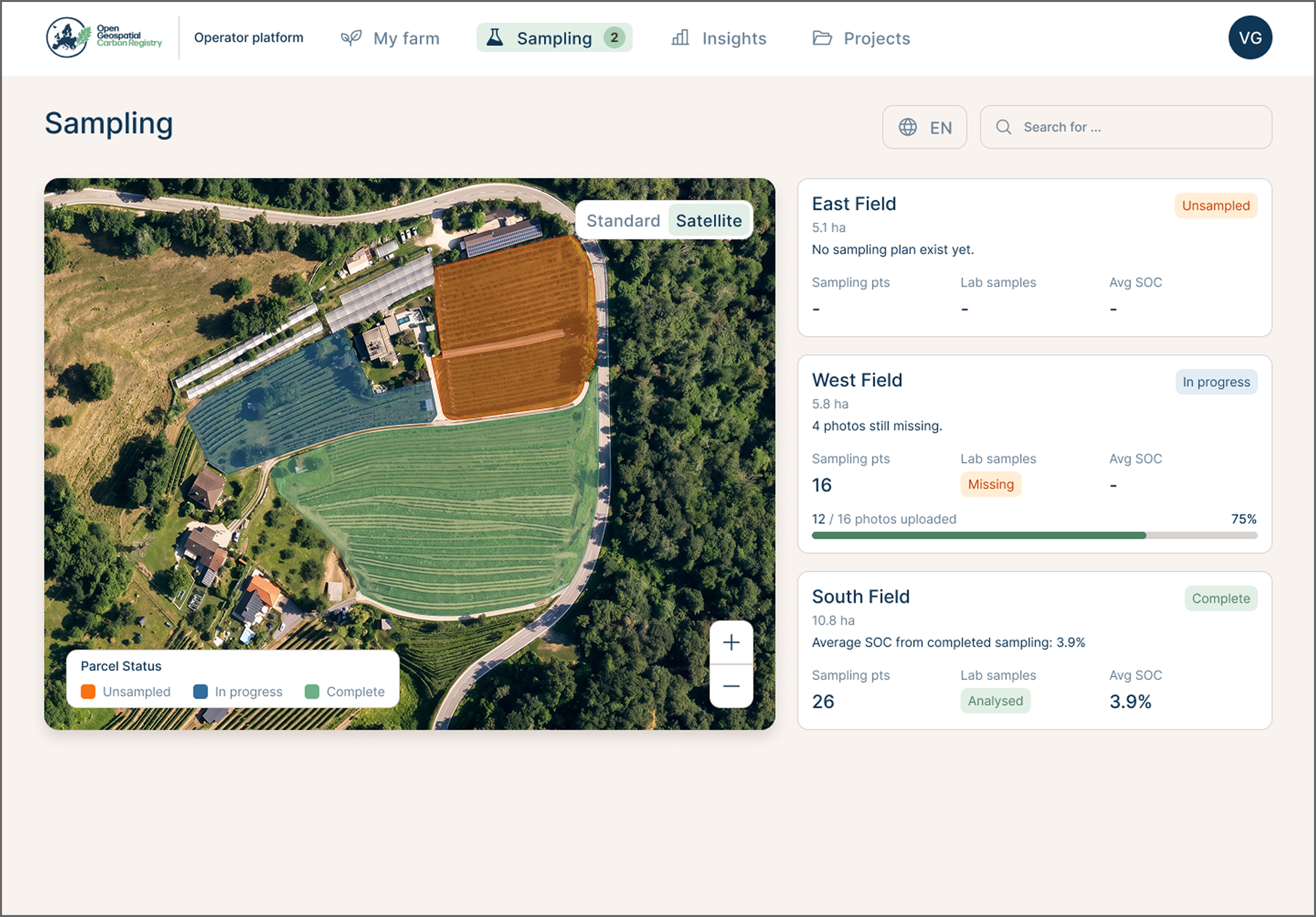 Sampling overview with parcel status on a satellite map